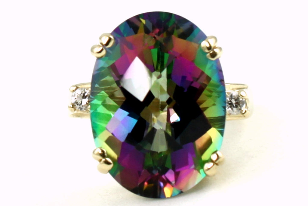 R269, 15ct Mystic Fire Topaz set in a Gold Ring w/two CZ accents