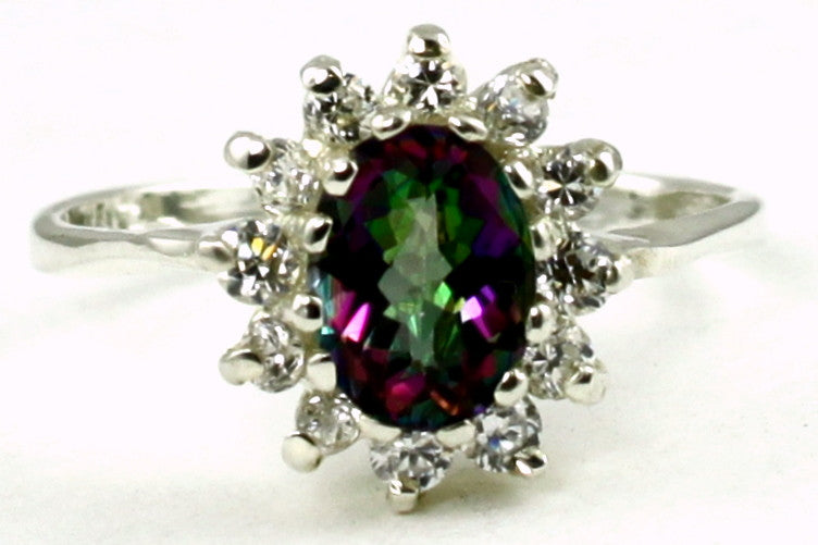 SR235, 1.5ct Mystic Fire Topaz set in a Sterling SIlver Ring w/ 12 CZ Accents