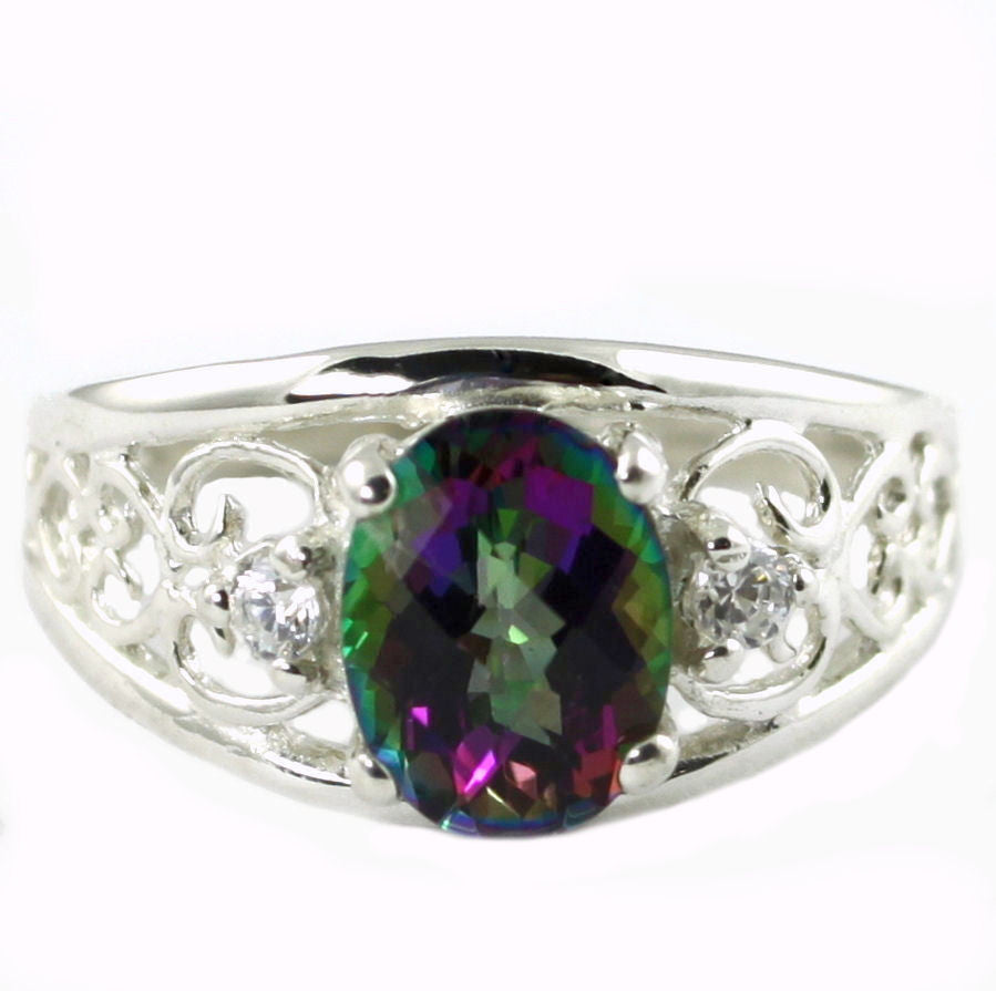 SR306, 1.5 cts Mystic Fire Topaz set in a Sterling SIlver Ring w/ 2 Accents