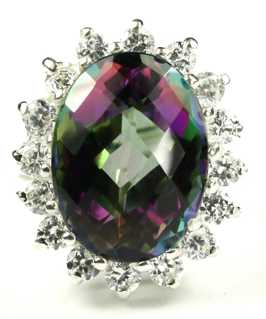 SR310, 12ct Mystic Fire Topaz set in a large Sterling SIlver Ring w/ 16 CZ Accents